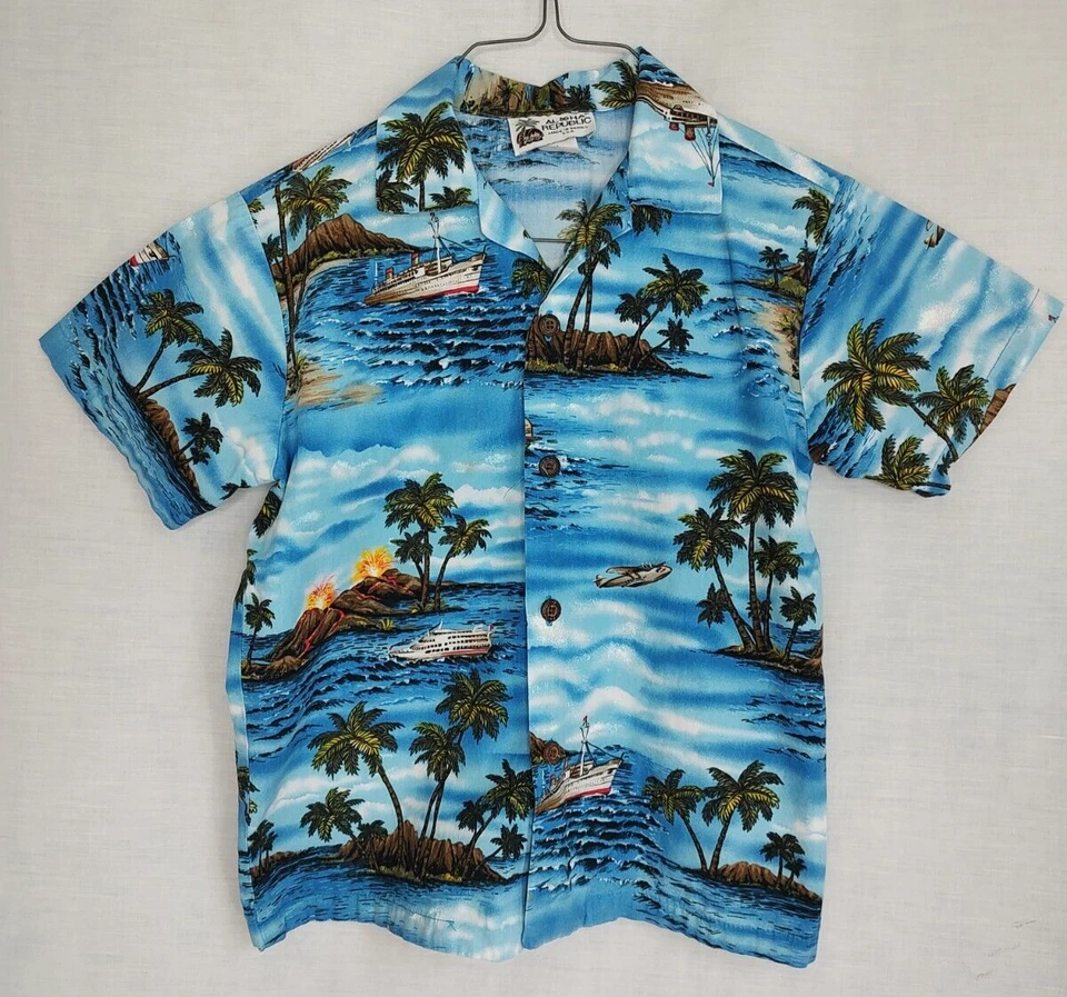 Aloha Republic Hawaiian Shirt Boys Kids Sz 5 Volcano Ships Planes Blue Button Up - Image 1 of 4