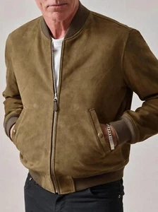 Men's Genuine Tan Suede Leather Jacket Bomber Biker Style Slim Fit Coat - Picture 1 of 4