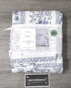 NEW Nicole Miller White Blue Floral Full/Queen Cotton Quilt W/ Pieced Border - Picture 1 of 8