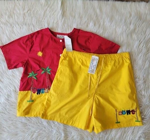 Shirt Shorts Set Embroidered Yellow Red Sz M Palm Tree Vacation Tropical Tourist - Picture 1 of 12