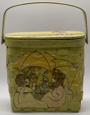 Vtg 60s 70s Decoupage Basket Purse Umbrella Cottagecore Folk Art Kitschy Unique - Image 1 of 4
