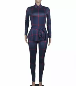 NEW Women Ruffles Waist Turtleneck Long Sleeve Plaid Print Body con Jumpsuit R - Picture 1 of 12