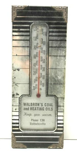 Termometro pubblicitario art deco vintage anni 20 Waldrons carbone riscaldamento olio 3x8"    - Foto 1 di 4