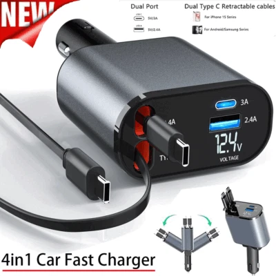 4 IN 1 Retractable Car Charger Cable Dual Port USB C PD Fast Charging Adapter US - Image 1 of 4