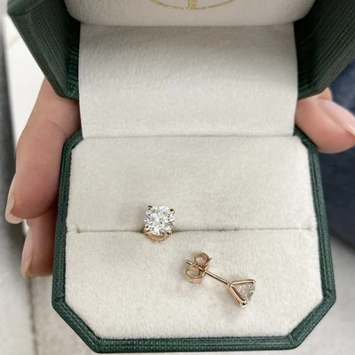 Diamond Stud Earrings IGI Certified E VS1 Round 2 Ct Lab Created 14K Rose Gold - Image 1 of 4