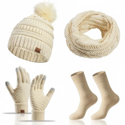 Hat Scarf and Gloves Set Ladies, Winter Beanie Hat for Women with Pom Pom Fleece