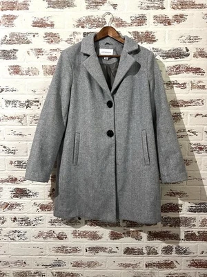 Abrigo Liz Claiborne Pea para mujer mezcla de lana gris espiga forrado con botones talla L Foto 1 de 4