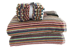 New Deborah Connolly Striped Red Yellow Ivory Blue 2 Bath Towels 5 Washcloths - Picture 1 of 5