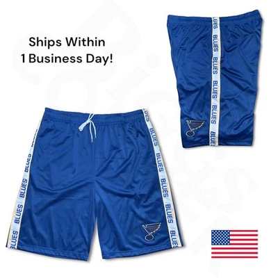 Pantalones Cortos Majestic St. Louis Azul Azul Bordado Cordón Bolsillos NHL Foto 1 de 4