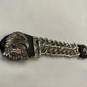 Vest Extender Faux Black Leather Chrome Chain American Eagle & US Flag - Picture 1 of 4