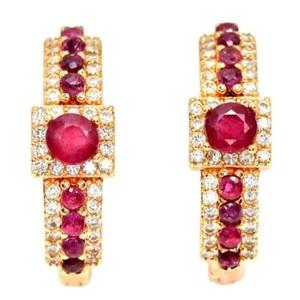 GENUINE AAA BLOOD RED RUBY ROUND & WHITE CZ BARSS YELLOW GOLD PLATED EARRING - Picture 1 of 6