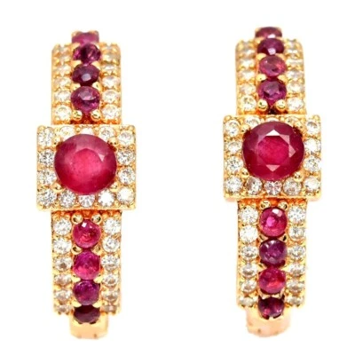 GENUINE AAA BLOOD RED RUBY ROUND & WHITE CZ BARSS YELLOW GOLD PLATED EARRING - Image 1 of 4