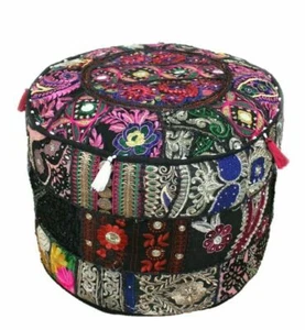 Embroidered Vintage ottoman puff cover Black cotton patch work footstool cover - Picture 1 of 4
