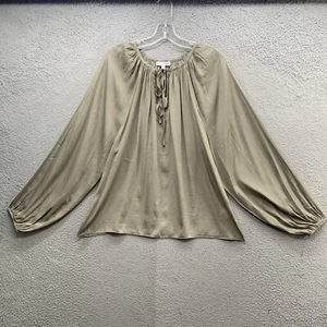 Miou Muse Beige Sage Peasant Boho Satin Top Blouse Drawstring Neck Pleats Size S - Picture 1 of 12