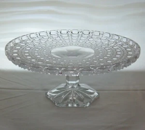 Cut Crystal Cane Cake Stand Plate with Lip Hexagonal Base Heavy - Picture 1 of 5