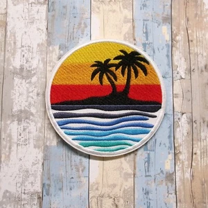 Palm Tree Patch Embroidered Iron-on Applique Ocean Waves Beach Travel Souvenir - Picture 1 of 16