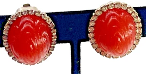 VTG DeLillo Orange Oval Cabochon /Rhinestone Signed Clip-on Earring Silver Plate - Picture 1 of 6