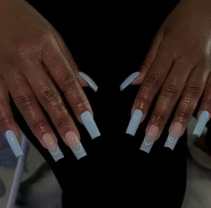 24 Medium Square Baby Blue Ombré French Tip Press On False Nails Brand New - Picture 1 of 4