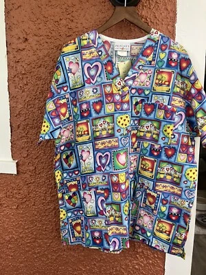 PEACHES Scrub Top Nurse Dental Pediatric Vet Tech RETRO Pink Polka Dot Medium - Image 1 of 4