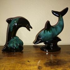 2 Blue Mountain Pottery Dolphin on Wave Blue Green Teal Black Drip Glaze Set Lot