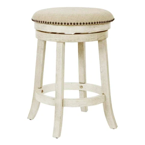 Osp Home Furnishing Bar Stool Backless Antique White Swivel Solid Wood+Foot Rest Cover