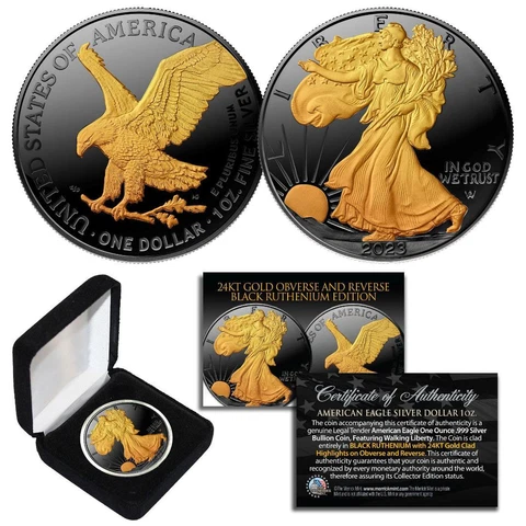 2023 BLACK RUTHENIUM 1 Oz 999 Silver American Eagle Coin 24K Gold Gilded 2-Sided Cover