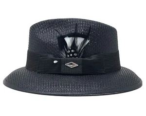 Whittier Viejo Lowrider Fedora Straw Hat Mens Black With Black & White Feather - Picture 1 of 5