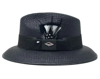 Whittier Viejo Lowrider Fedora Straw Hat Mens Black With Black & White Feather - Image 1 of 4