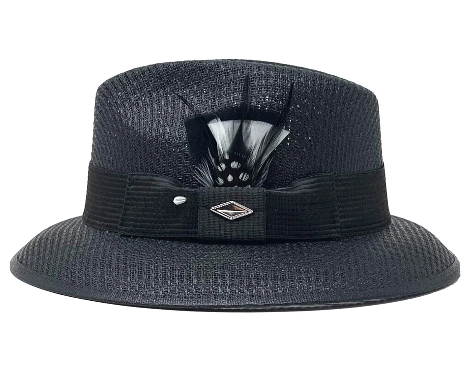 Sombrero de paja Whittier Viejo Lowrider Fedora para hombre negro con pluma blanca y negra Foto 1 de 4