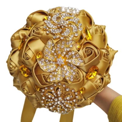 Ramos de Boda Oro Diamante Rojo Rosa Flor Artificial Seda Flores Dama de honor Foto 1 de 4