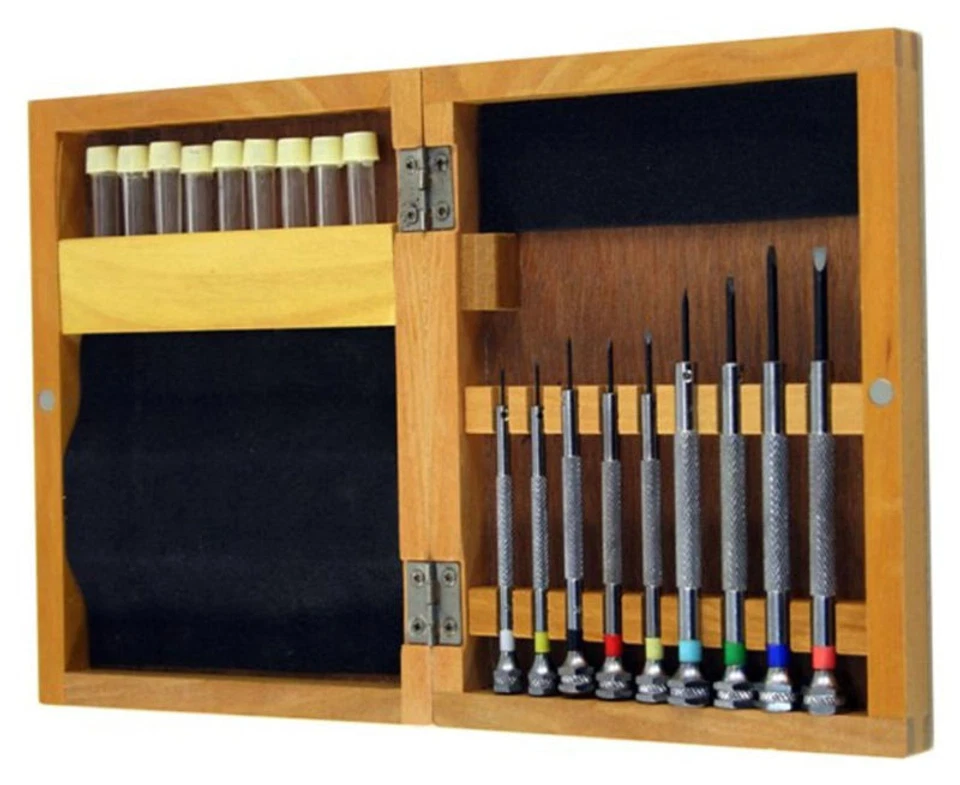 set of 9 screwdrivers set in Watchmakers Pro watch Screwdrivers Set in Wood Case - Image 1 of 1