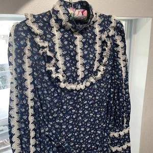 Homemade Vtg Floral Prairie Dress Cottage Core Lace Back Zip Maxie Victorian - Picture 1 of 22