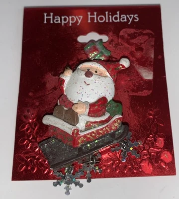Santa Claus & Sled Brooch Christmas-Holiday Presents Snowflakes & Dangles New - Image 1 of 2