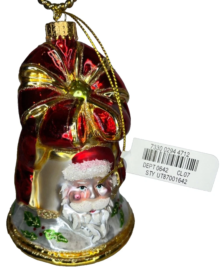 Campana de Navidad vintage adorno de vidrio de Papá Noel de Macy’s vidrio soplado 6” de alto Foto 1 de 4