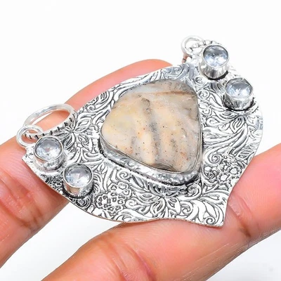 Ciondolo in argento sterling 925 con pietra preziosa topazio bianco druso ros... - Immagine 1 di 4