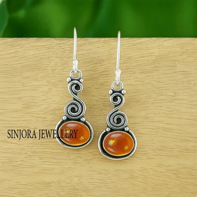 Amber Gemstone 925 sterling silver handmade Dangle Drop Earrings 1.50" - Image 1 of 3