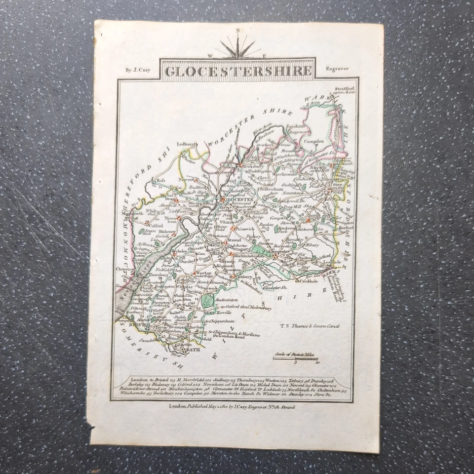 Mapa original antiguo del condado de Cary de 1810 de Gloucestershire Travellers Companion Foto 1 de 2