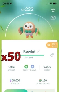 ¡Paquete de 50 Pokémon Rowlet!! ¡Buena oportunidad de suerte y buenos IV!! Go - Imagen 1 de 1