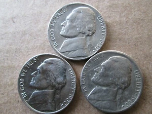 1980-P JEFFERSON, LOT OF 3 OBVERSE MISALIGNED DIE ERRORS, 2-VF, 1-XF, CIRCULATED - Picture 1 of 2