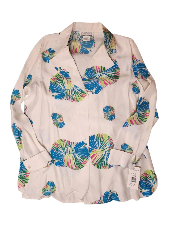 Blusa de Seda David Emanuel Coleccionables 22W Blanca Estampado Floral Botón Frontal Camisa Foto 1 de 4