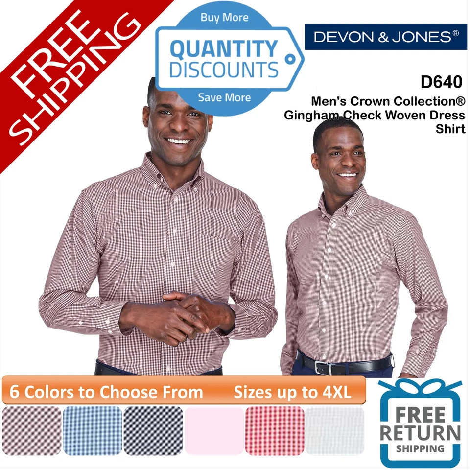 🔥 Devon & Jones Men Crown Collection Gingham Woven Dress Shirt Up To 4XL D640 - Image 1 of 1