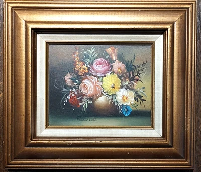 Pintura al óleo vintage de bodegón floral original de Roy Pasanault firmada enmarcada Foto 1 de 4