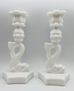 Westmoreland Milk Glass Koi Dolphin Fish Candle Holders Vintage Set Of 2 - Picture 1 of 8