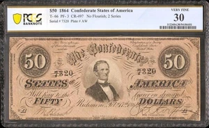 1864 $50 BILL CONFEDERATE STATES NOTE LARGE CIVIL WAR PAPER MONEY T-66 PCGS 30 - Picture 1 of 2