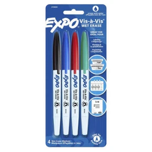 Expo Vis A Vis Vibrant Wet Erase Smear-Resistant Fine Point Markers Pack of 4 - Picture 1 of 1