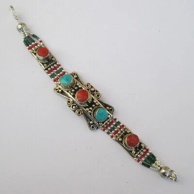 beautiful Tibetan silver cuff bracelet with a turquoise and coral cluster charm - Image 1 of 4