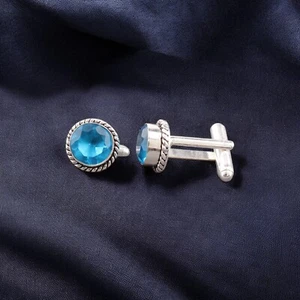 Swiss Blue Topaz Gemstone 925 Solid Silver Jewelry Cufflinks 0.51" For Birthday - Picture 1 of 6