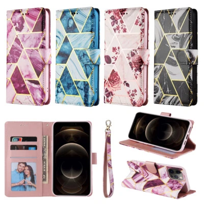Leather Flip Wallet Case for iPhone 7 8 11 12 13 14 15 17 Pro Marble Phone Cover - Image 1 of 4