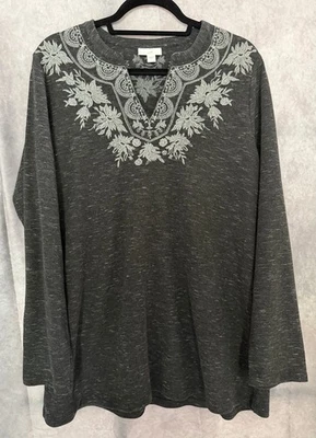 Túnica tejida gris bordada J.Jill Pure Jill L manga larga yugo floral Foto 1 de 4