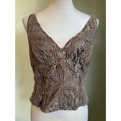 Top boho con cuentas Carmen Marc Valvo Y2K bordado brillo seda marrón 8 Foto 1 de 4